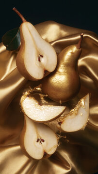 Golden Pears on Satin Fabric with Splashing Juice