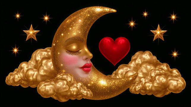 Golden Moon and Heart Illustration for Love and Romance