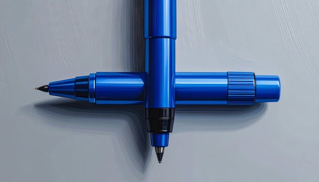 Two blue pens crossed on a gray surface.
