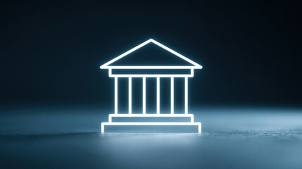 Fototapeta premium Glowing Neon Outline of a Classic Government Building or Bank on a Dark Reflective Surface