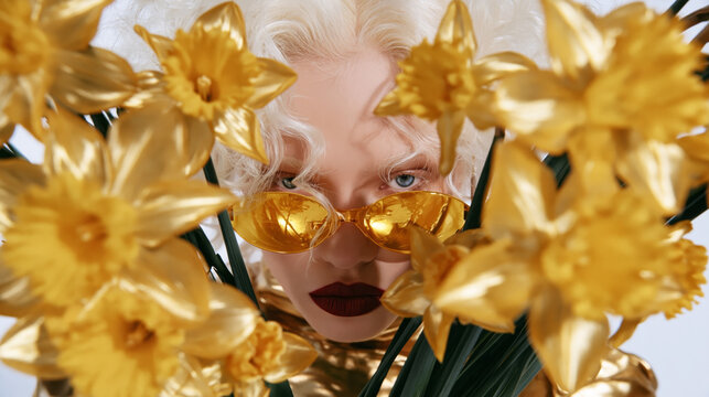 Woman with Golden Sunglasses Surrounded by Yellow Flowers