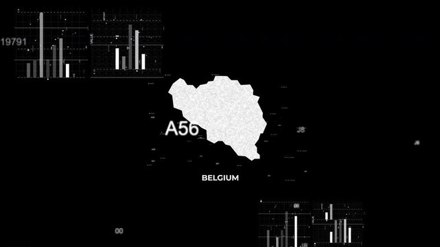 Belgium map animation showcasing economy, infrastructure, technology, population, energy, trade, and national development data for presentations, films, documentaries, and motion graphics.