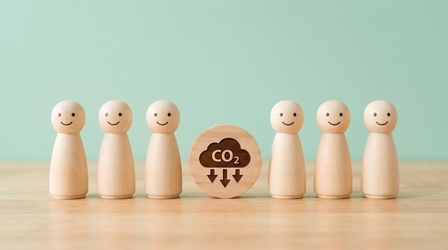 Wooden peg dolls standing in a row with a carbon dioxide symbol block representing global climate change awareness