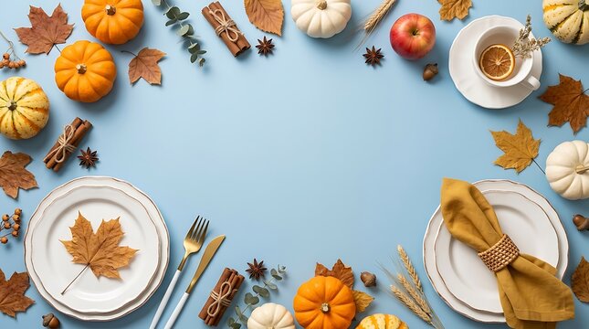 Thanksgiving dinner table setting with pumpkins and autumn leaves on blue background