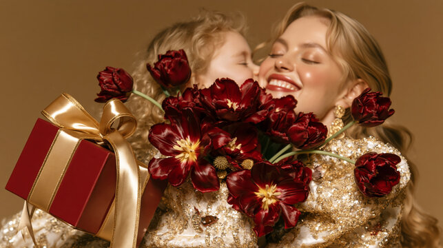 Mother and Child Embracing with Flowers and Gift Box