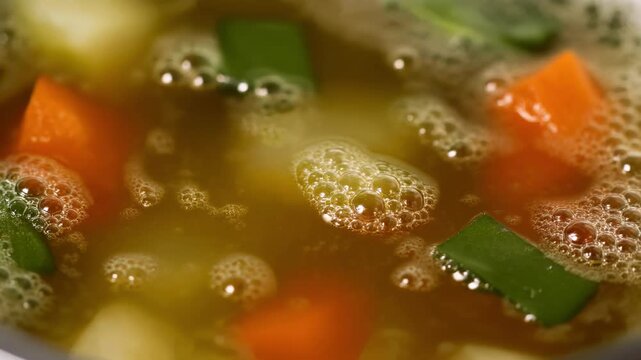 Vegetable broth simmering with micro bubbles
