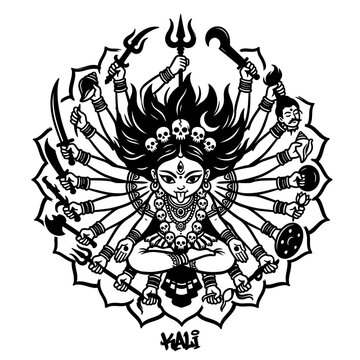 Illustrative Depiction of Goddess Kali with Multiple Arms and Weapons.