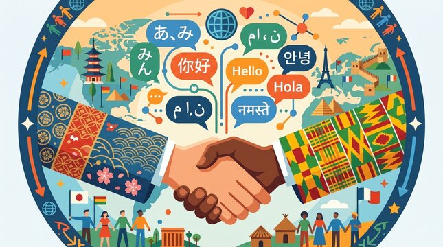 Multicultural Handshake Illustration Symbolizing Global Unity, International Cooperation, Diversity and Multilingual Communication with World Landmarks and Greetings