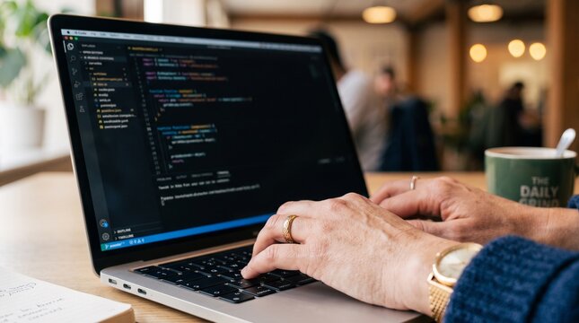 Coding on Laptop: A close-up shot of a person's hands typing on a laptop computer displaying lines of code, symbolizing the world of software development and digital creation.