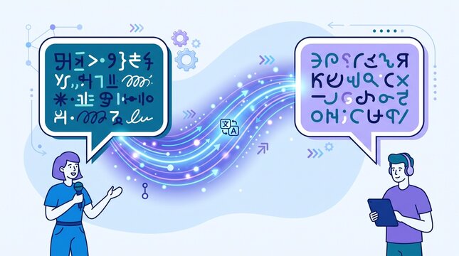 AI powered real time language translation technology concept featuring two people communicating across different scripts with digital data stream illustration representing global connection.