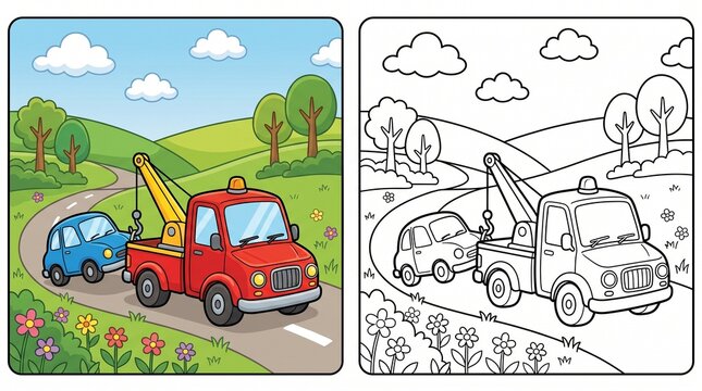 Tow truck scene coloring page for kids with color guide coloring activity