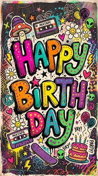 Colorful Happy Birthday Graffiti Illustration with Cute Doodles and Retro Elements