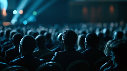 Obraz premium Audience from behind, facing a brightly lit stage in a dark auditorium, capturing the anticipation and focus of a large crowd at an event, conference, or performance