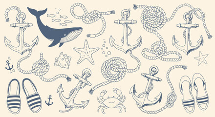 Fototapeta premium Nautical Collection: Whale, Anchors, Rope, Crab, Starfish & Sandals