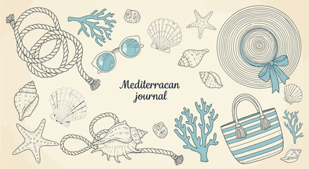 Naklejka premium Summer Beach Collection: Seashells, Hat, Sunglasses, Rope, Bag, Coral
