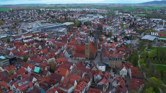 Panorama aerial view beside the old town above the city of &Ouml;hringen in Germany, on a cloudy autumn noon.