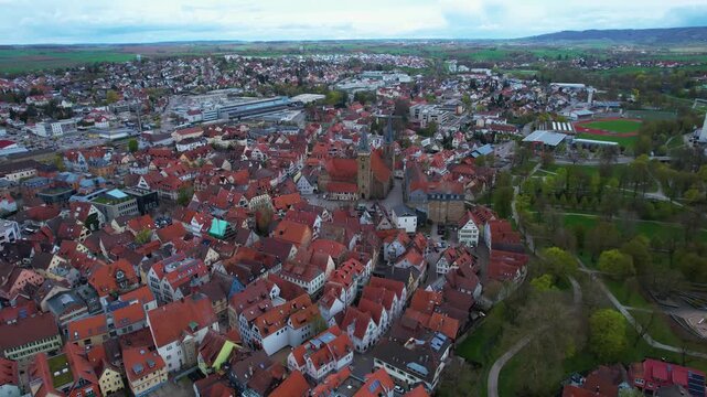 Panorama aerial view beside the old town above the city of &Ouml;hringen in Germany, on a cloudy autumn noon.