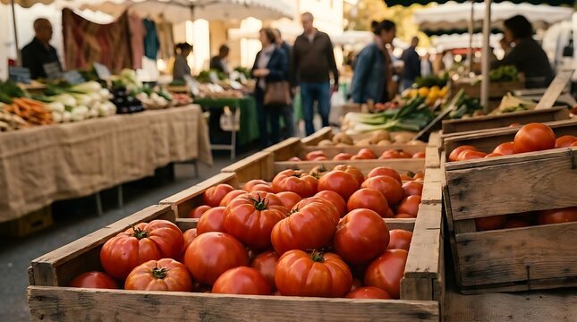 Red tomatoes in wooden crates at an outdoor market