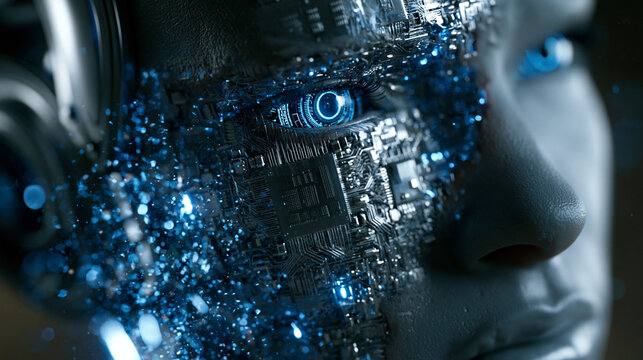 Futuristic female cyborg face with glowing blue eyes and exposed mechanical circuitry for artificial intelligence and science fiction concept
