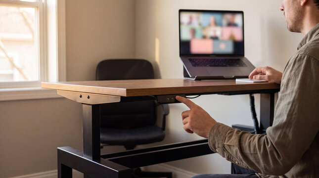 Hand pressing height toggle on a rising sit-stand desk