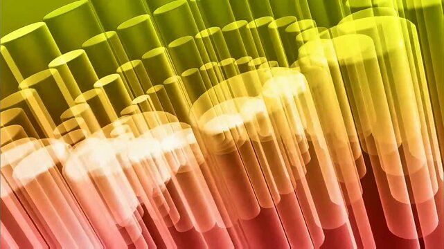 Rows of glowing translucent cylindrical pillars in warm yellow‑orange‑red gradient rise upward, bright luminous tops emit soft light with smooth overlapping transparent layers.