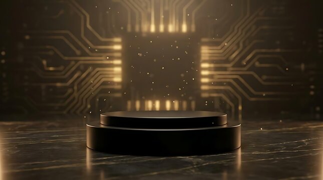Black circular pedestal with gold circuit background