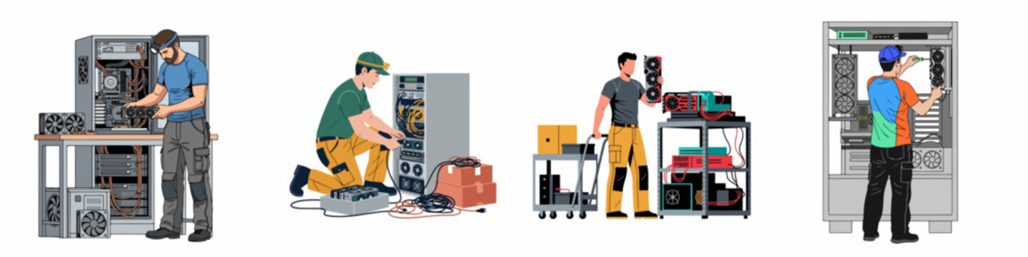 Set of computer technicians and engineers assembling hardware, maintaining servers, and repairing PC workstations in a flat vector illustration style.