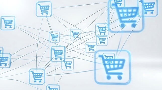 Blue shopping cart icons in a connected network