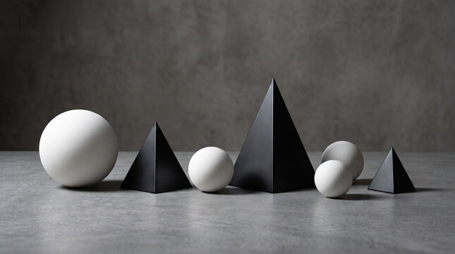 Geometric shapes including spheres and pyramids arranged on a surface.