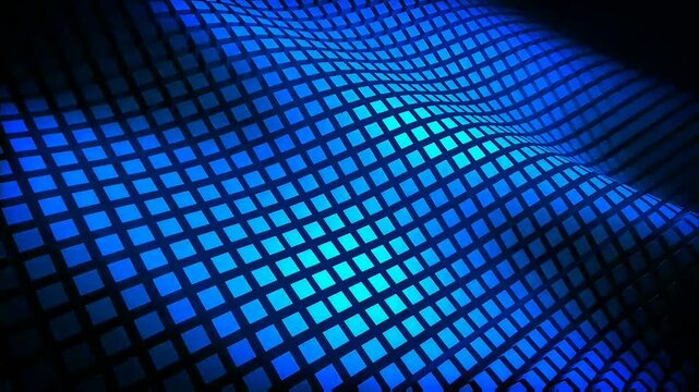 Curved surface covered with glowing blue square grid tiles that recede into distance, bright cyan highlights trace smooth bend creating futuristic depth and dynamic perspective.