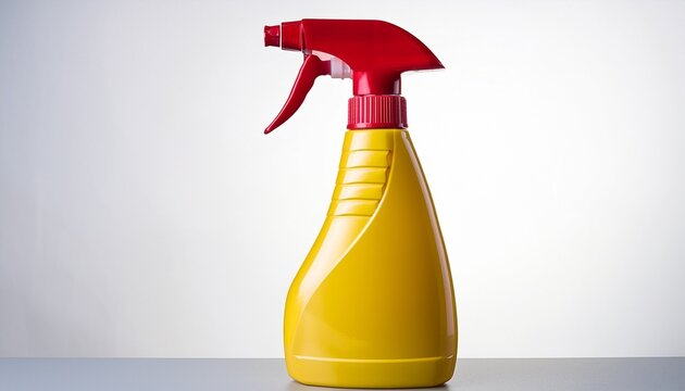 yellow plastic spray bottle with red trigger sprayer for cleaning product household detergent or sanitizer on white background