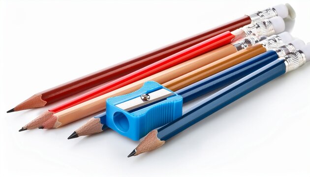 pencil with red blue and beige pencil sharpeners isolated on white background