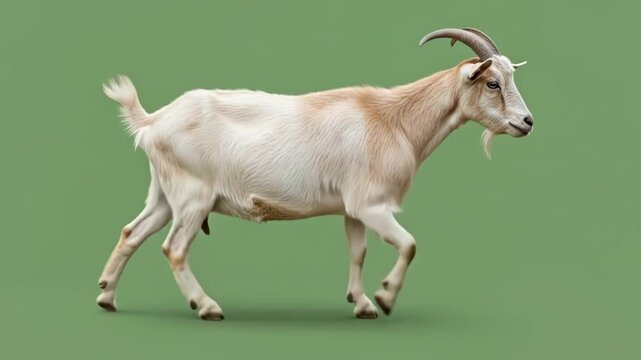 A side view of a white goat walking isolated on a solid green background
