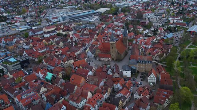Panorama aerial view beside the old town above the city of &Ouml;hringen in Germany, on a cloudy autumn noon.