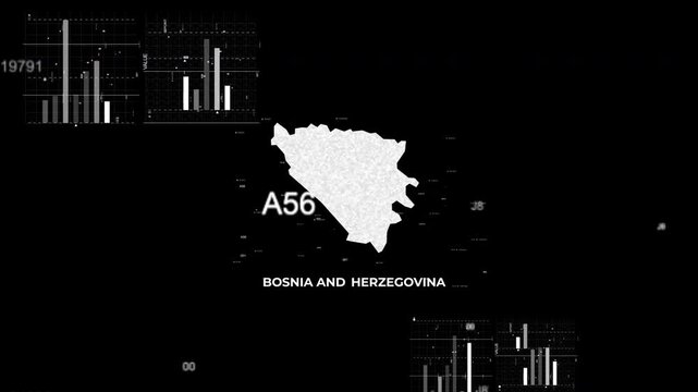 Bosnia & Herzegovina map animation showcasing economy, infrastructure, technology, population, energy, trade, and national development data for presentations, films, documentaries, and motion graphics