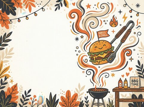 Barbecue Grill and Burger Illustration with Decorative Autumn Leaves, Summer Cooking Event Background, Menu or Invitation Template