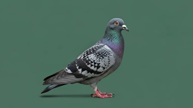 A vibrant rock pigeon captured against a solid muted green studio backdrop