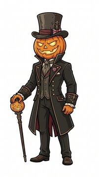 Elegant British Victorian gentleman pumpkin mascot with top hat and cane