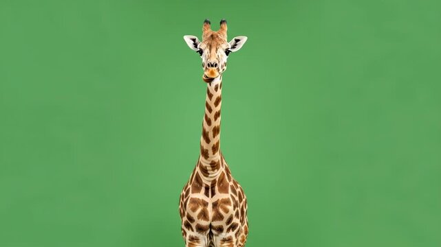 A close portrait of a beautiful giraffe isolated on a vibrant green background