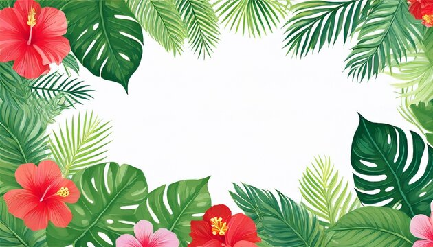 tropical watercolor bordering frame with exotic monstera leaves hibiscus flowers and palm fronds white background