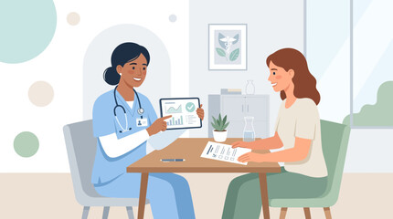 Fototapeta premium Doctor consulting patient, showing medical data on tablet