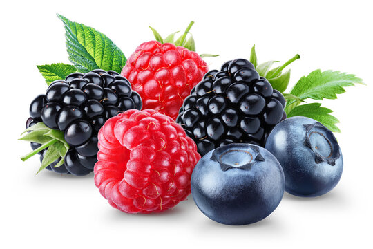 Mix of ripe juicy blackberries, raspberries and blueberries with leaves isolated on transparent background.