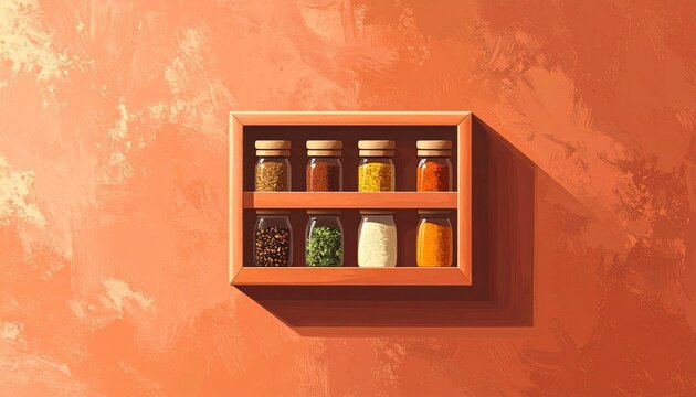 Wooden spice rack with colorful jars on orange wall.
