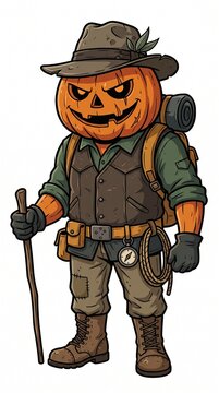 Happy pumpkin character dressed as an Australian explorer ready for wildlife adventure