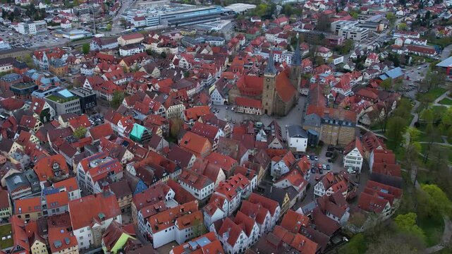 Panorama aerial view beside the old town above the city of &Ouml;hringen in Germany, on a cloudy autumn noon.