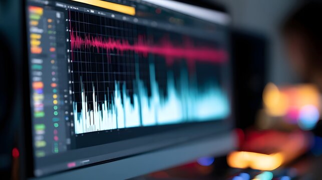 A computer monitor displays a vibrant audio waveform and spectral analysis graph against a dark background