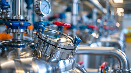 Fototapeta premium Modern biotechnology factory with automated stainless steel bioreactors, sanitary valves, flow meters and interconnected pipelines extending into the distance, panoramic composition, ultra photoreal