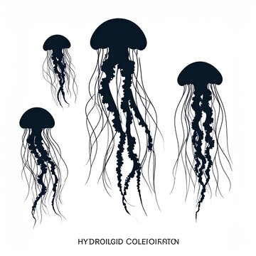 Black and white jellyfish illustration set.