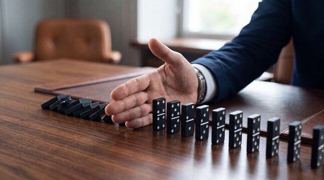 A businessman stopping dominoes on a wooden table, symbolizing decision-making and risk management in business.