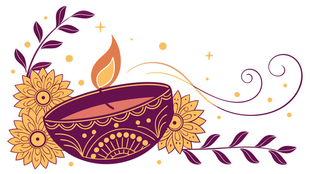 Diwali festival of lights vector illustration with burning diya oil lamp marigold flowers and ornamental flourishes